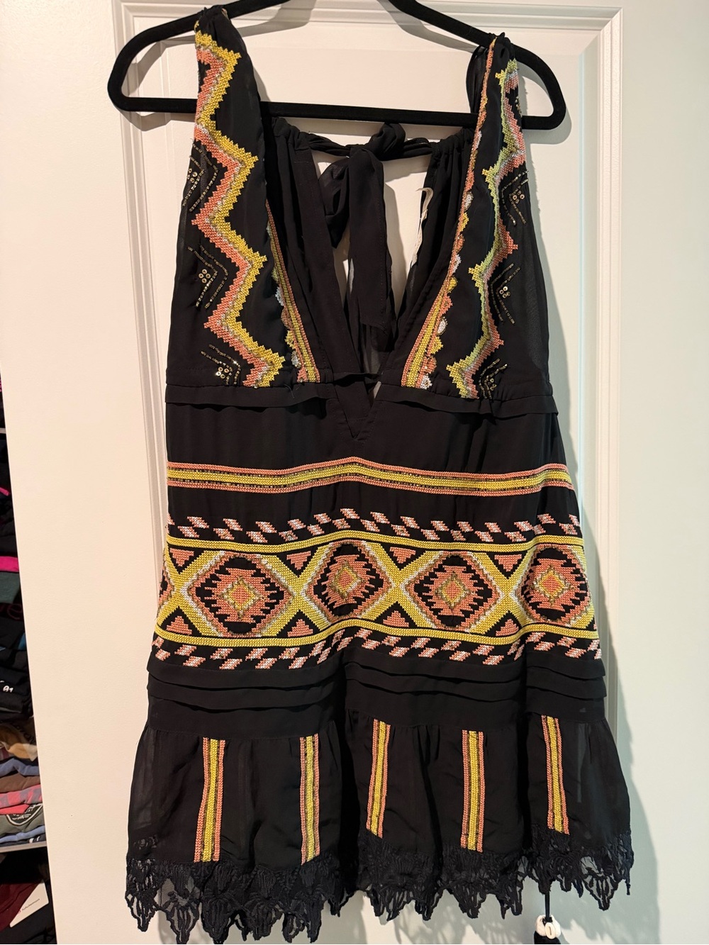 Ramy Brook Black Swim Coverup with Yellow and Pink Embroidery